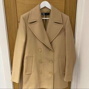 Zara men’s Camel Double-Breasted Pea Coat NWT XS